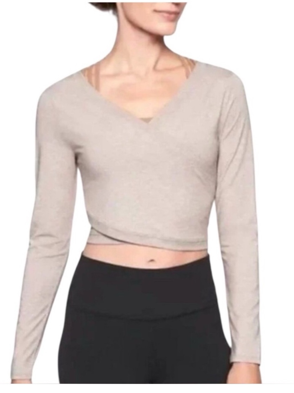 Athleta Women’s Encore Long Sleeve Wrap Top Size L Dovetail Taupe Dance Yoga